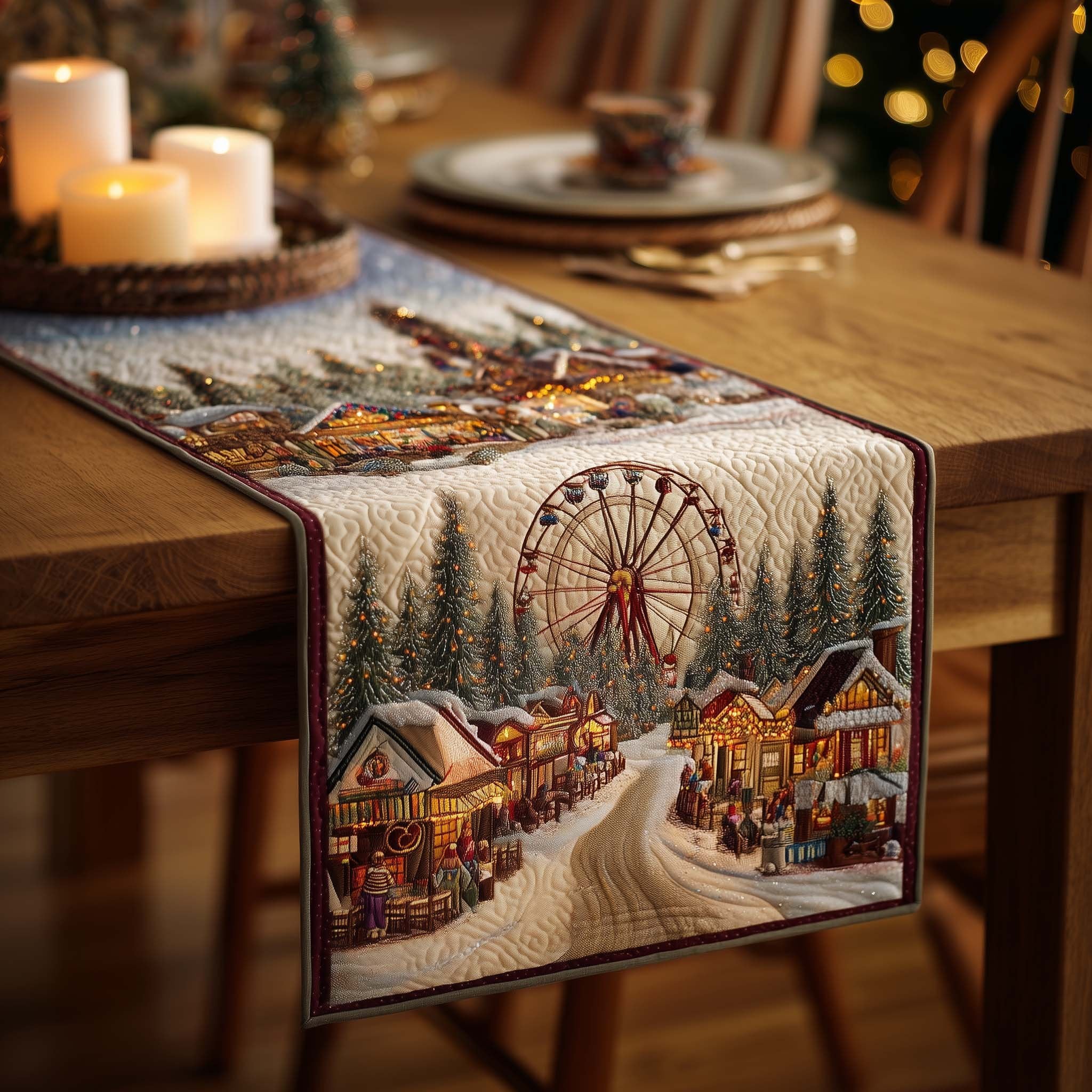 Snowy Village Fair with Ferris Wheel Table Runner