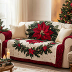 Poinsettia and Pine Garland on Cream Sofa Cover