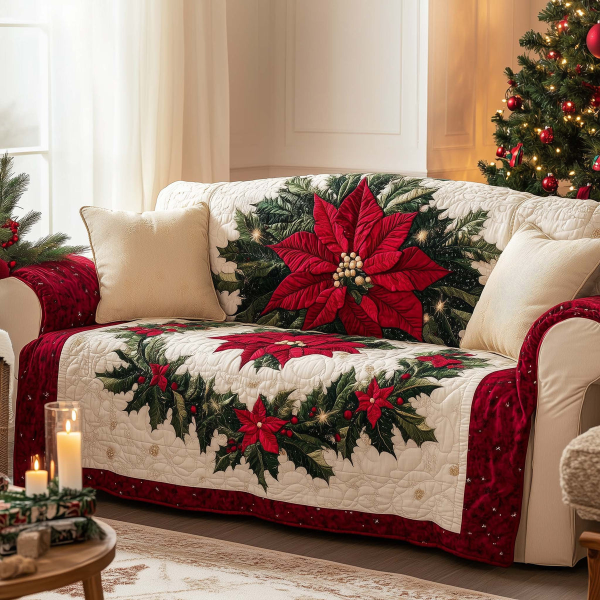 Poinsettia and Pine Garland on Cream Sofa Cover