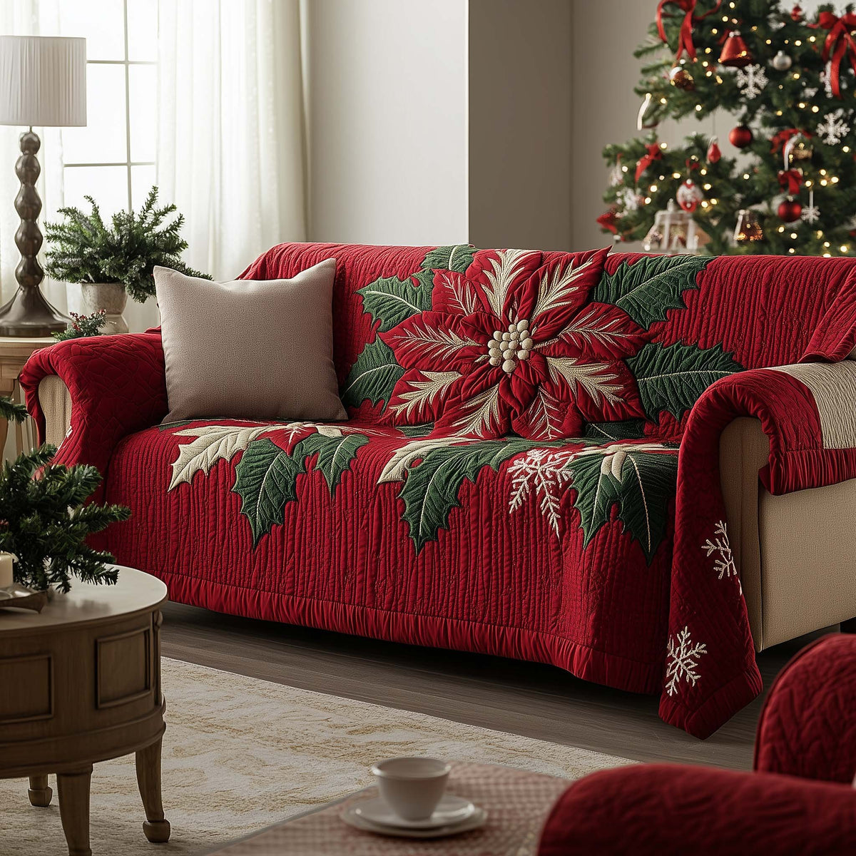 Poinsettias Spread Across Deep Red Sofa Cover