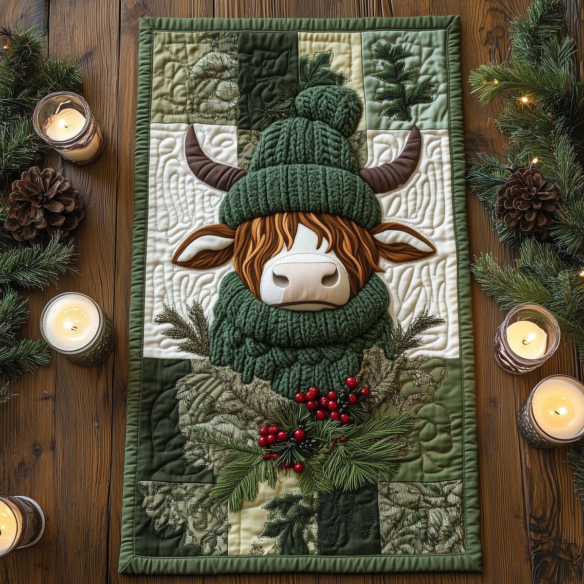 Highland Cow in Green Knit Hat Table Runner