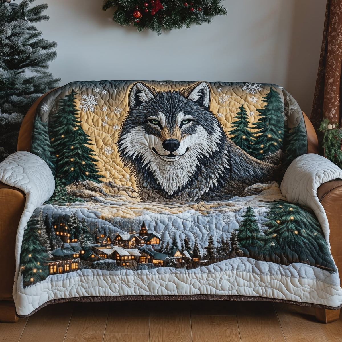 Wolf Face Above the Snowy Village Sofa Cover