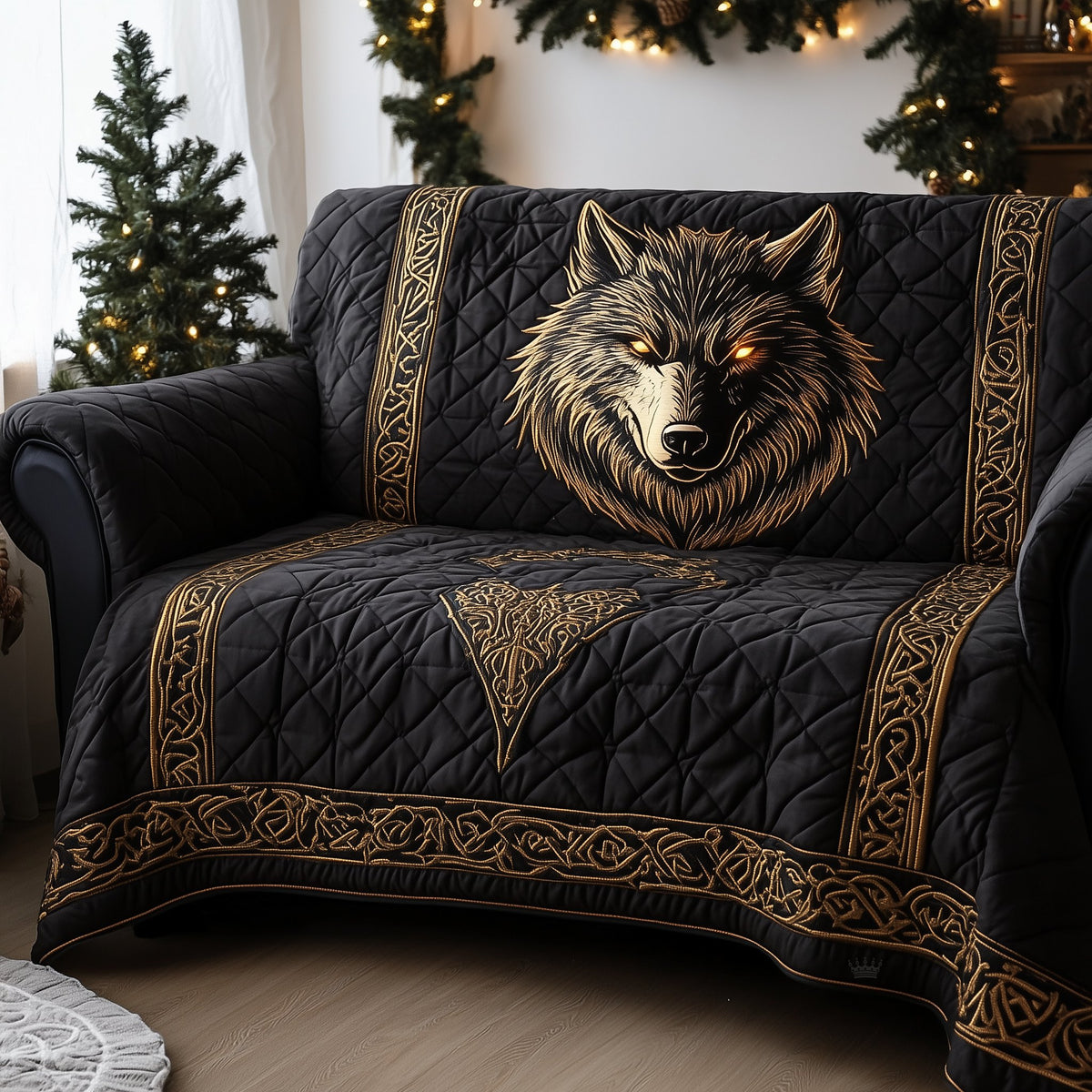 Wolf Head on Black and Gold Sofa Cover