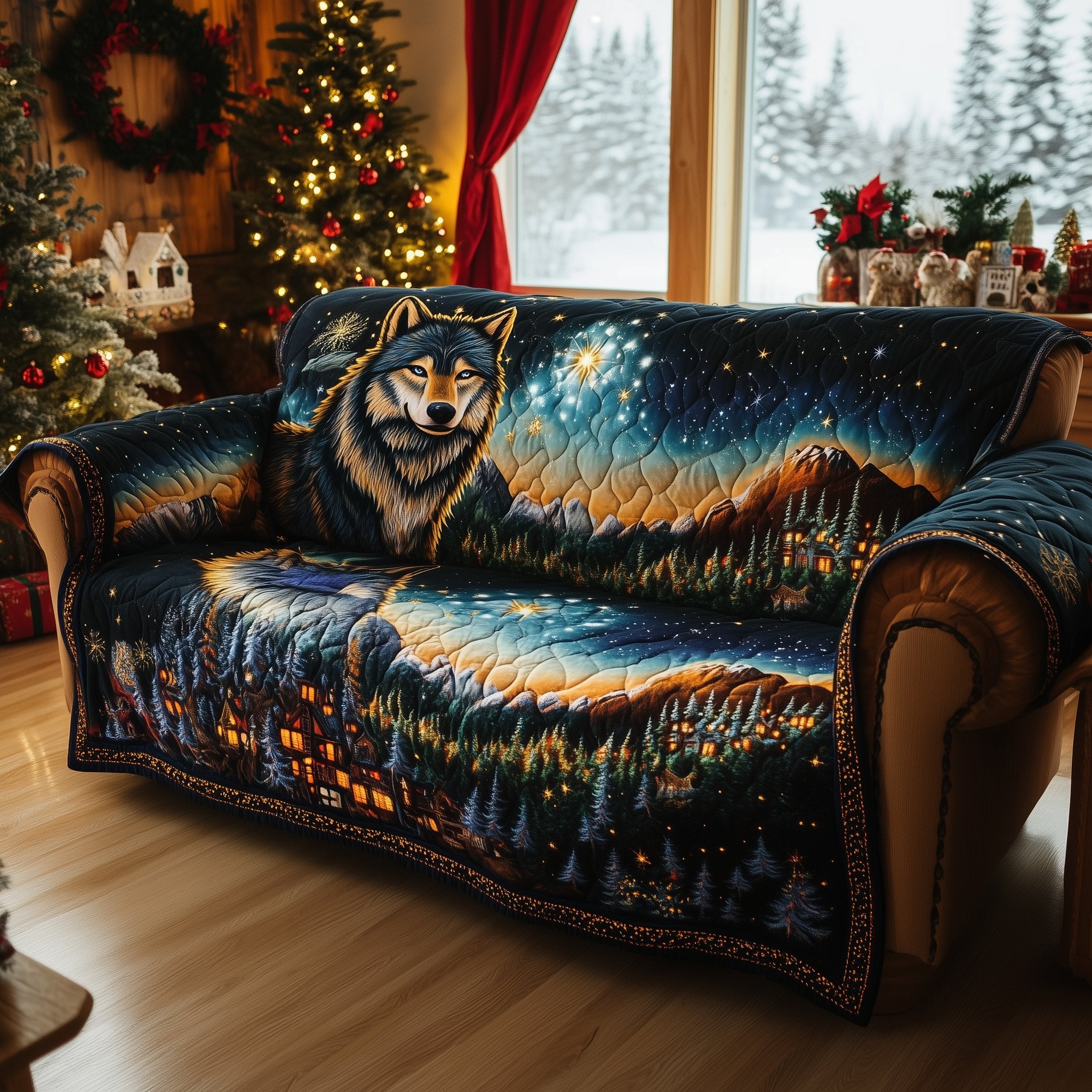 Wolf Over the Starlit Mountain Valley Sofa Cover
