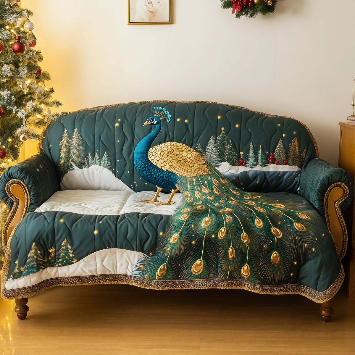 Peacock on the Teal Quilt Sofa Cover