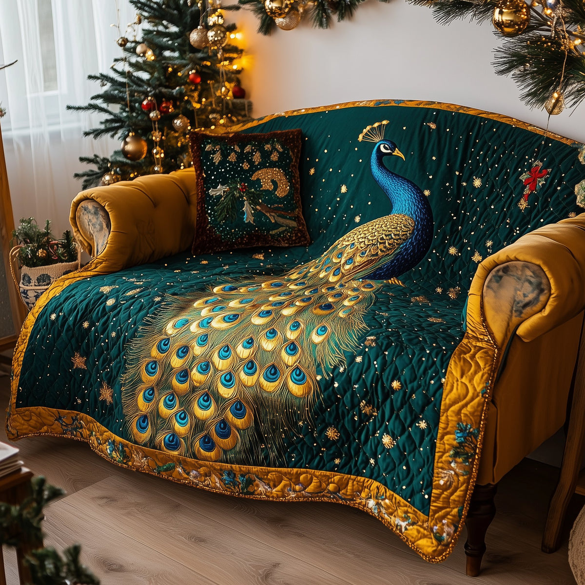 Peacock in Gold and Deep Teal Sofa Cover