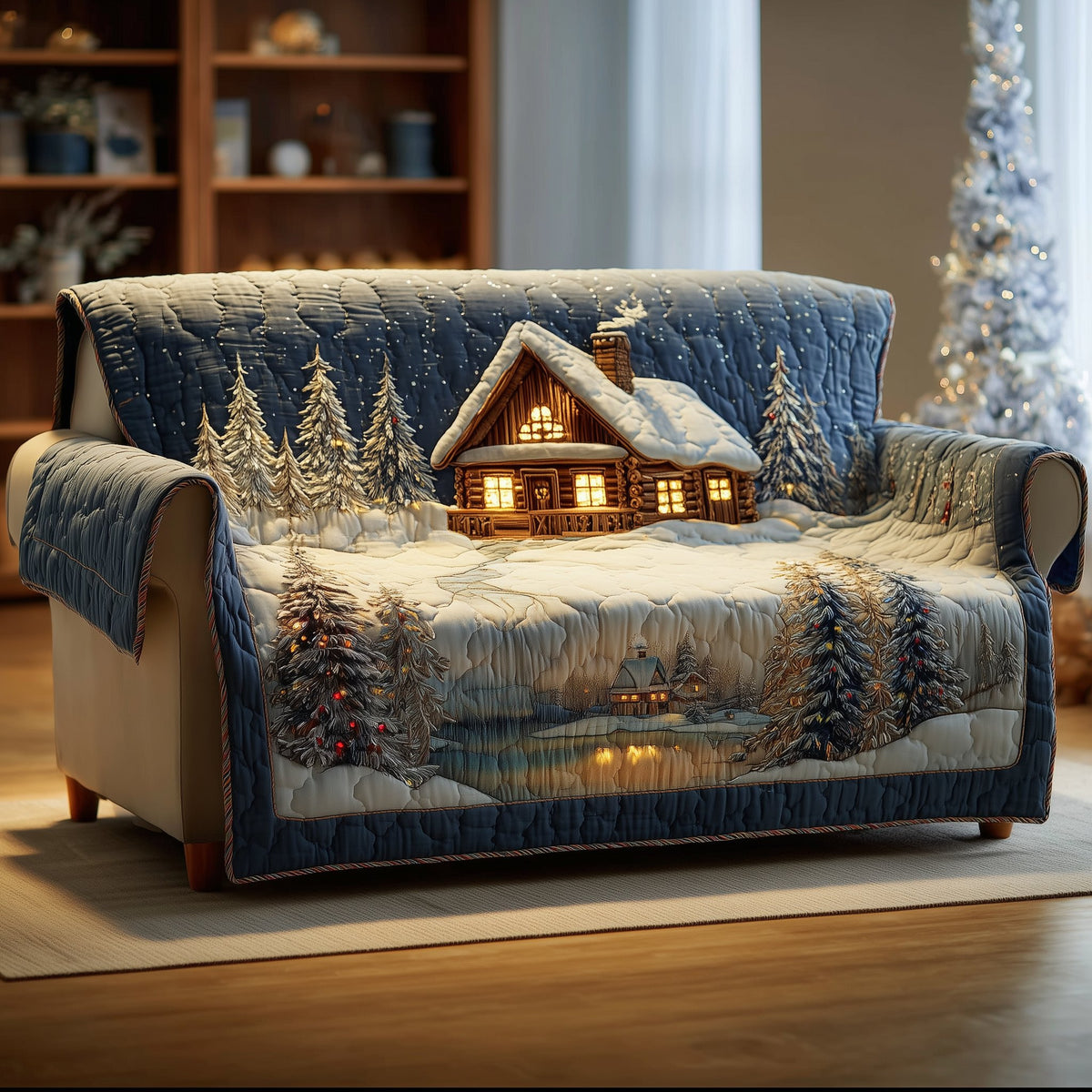 Cabin with Lit Windows in Deep Snow Sofa Cover