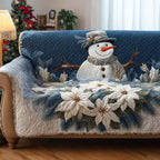 Snowman Among White Poinsettias Sofa Cover