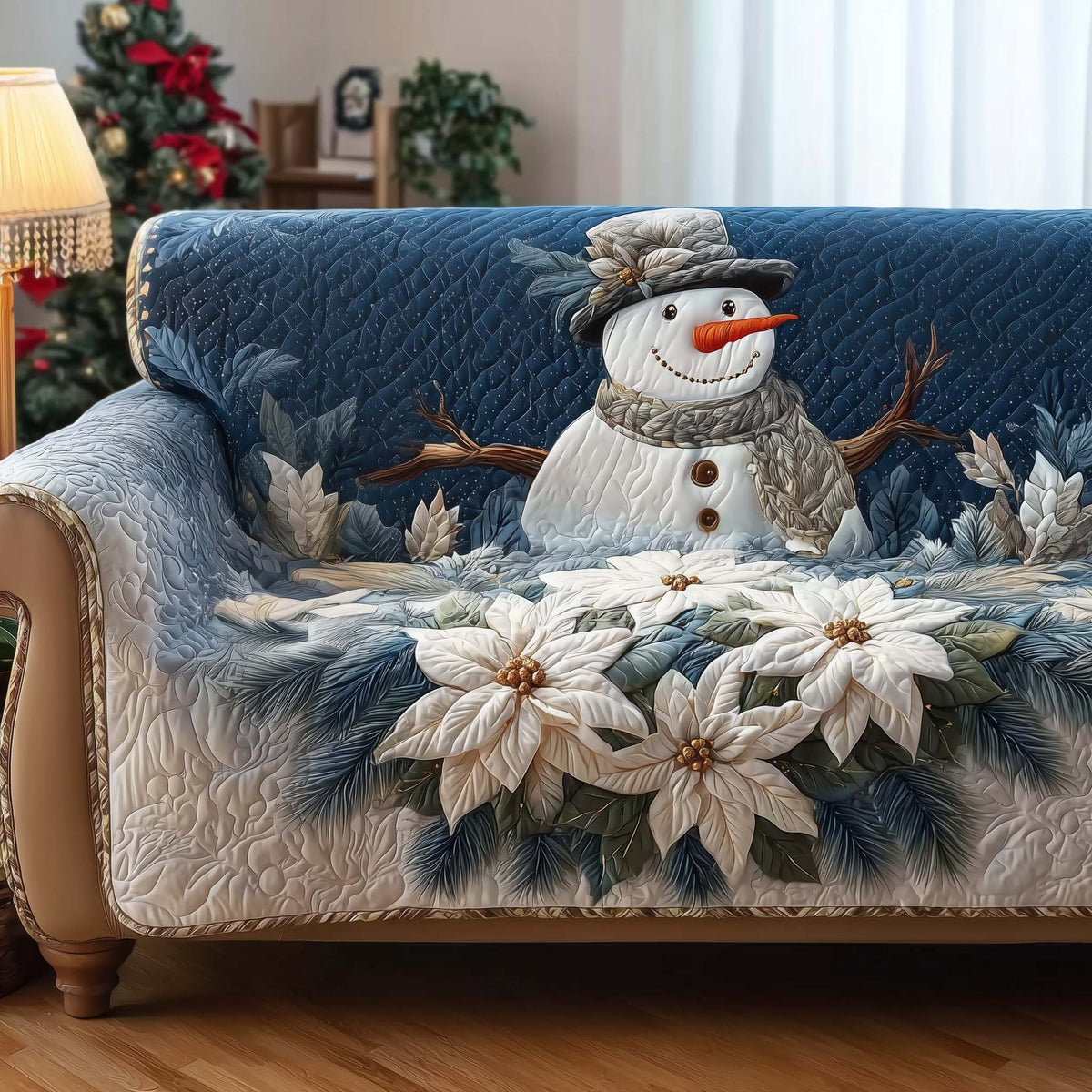 Snowman Among White Poinsettias Sofa Cover
