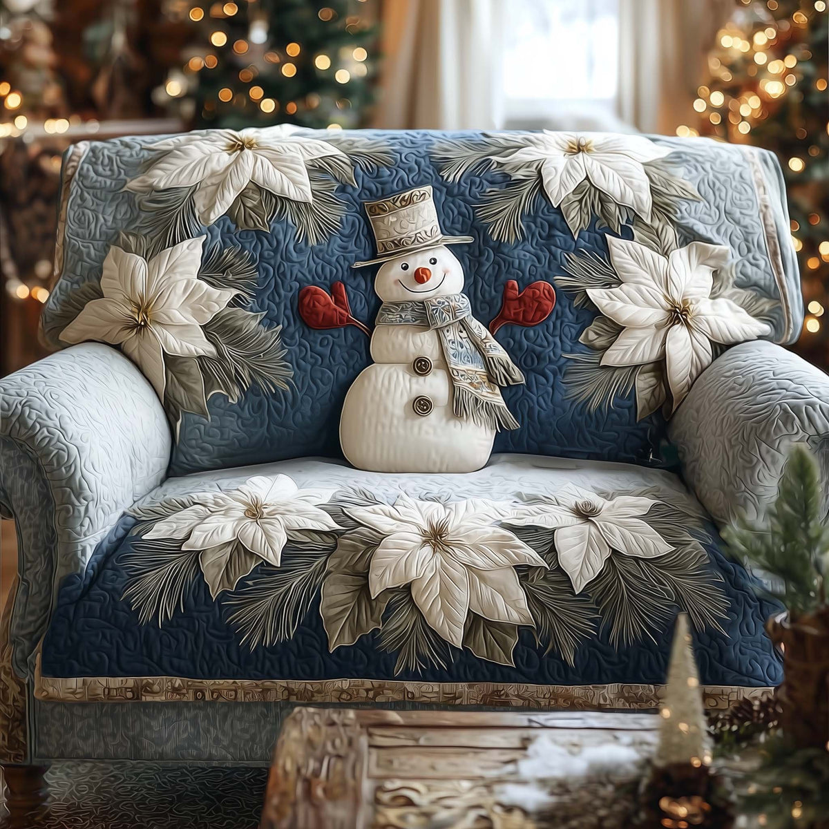 Snowman with Cardinals and Cream Blooms Sofa Cover