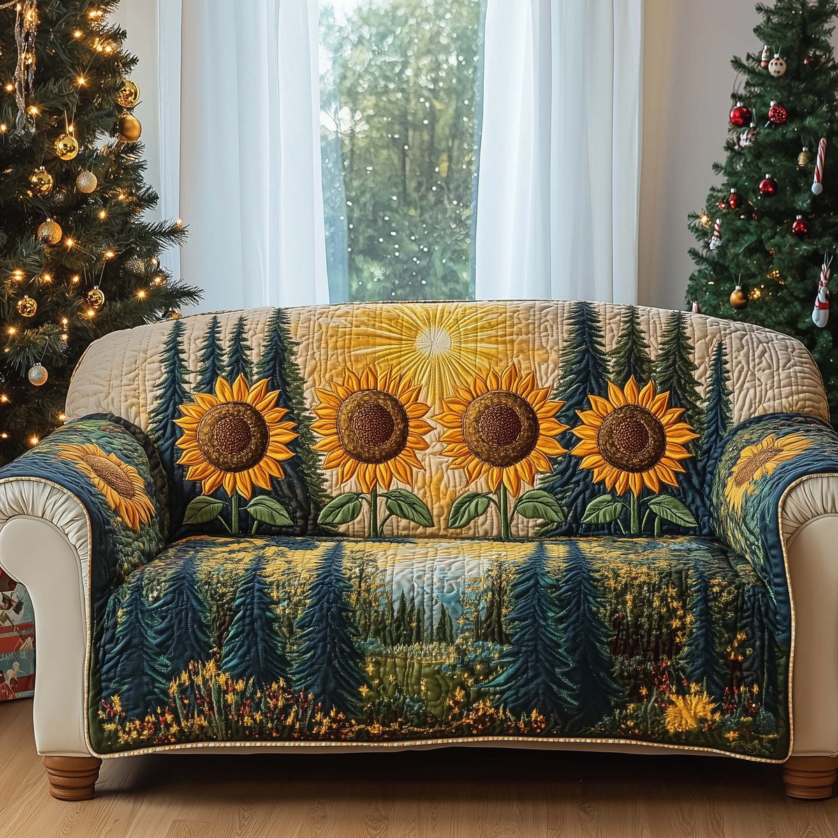 Sunflowers Before the Dark Evergreens Sofa Cover