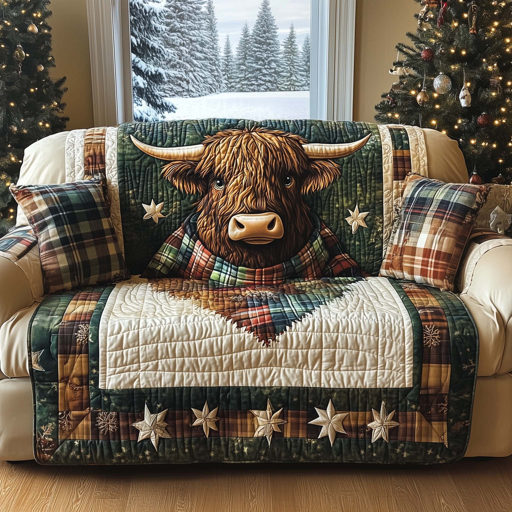 Highland Cow on Plaid with Gold Stars Sofa Cover