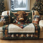 Highland Cow on Plaid with Gold Stars Sofa Cover