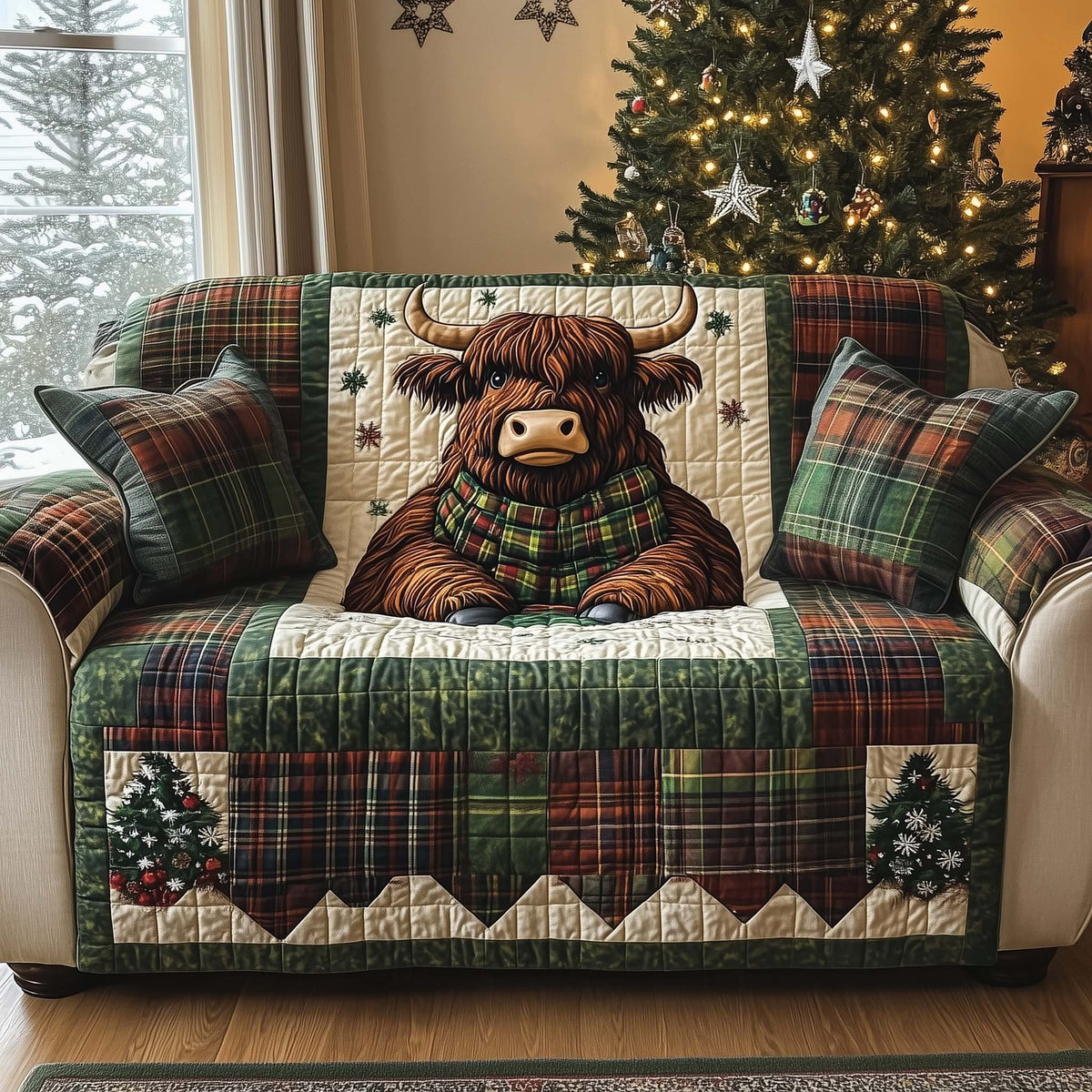 Highland Cow in a Scarf on Tartan Sofa Cover