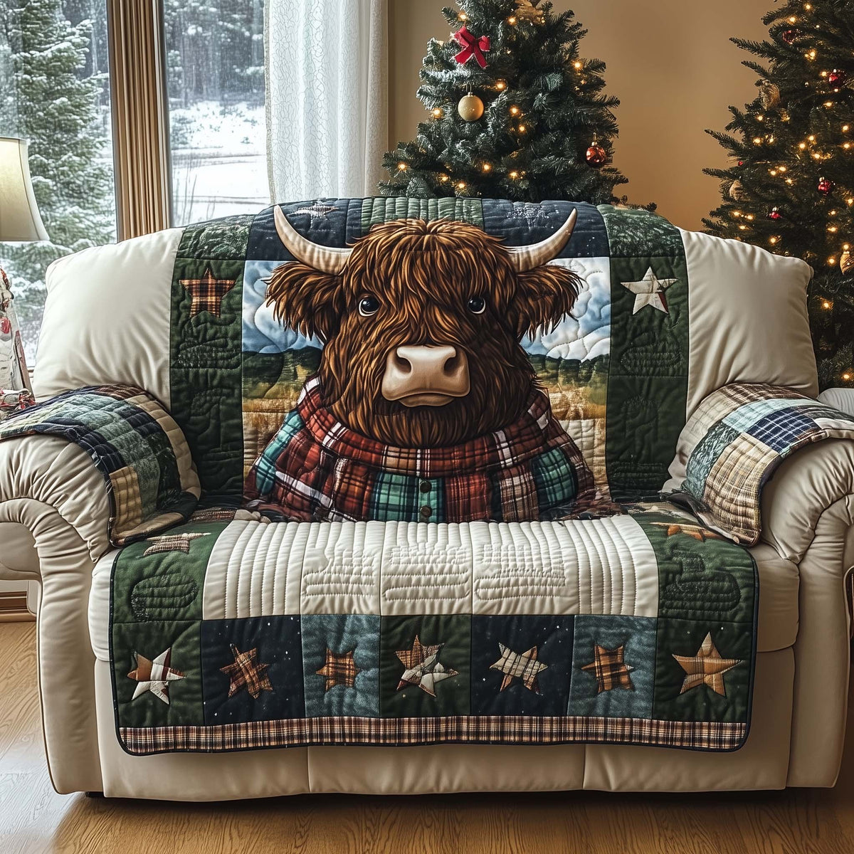 Highland Cow in Plaid Among the Stars Sofa Cover