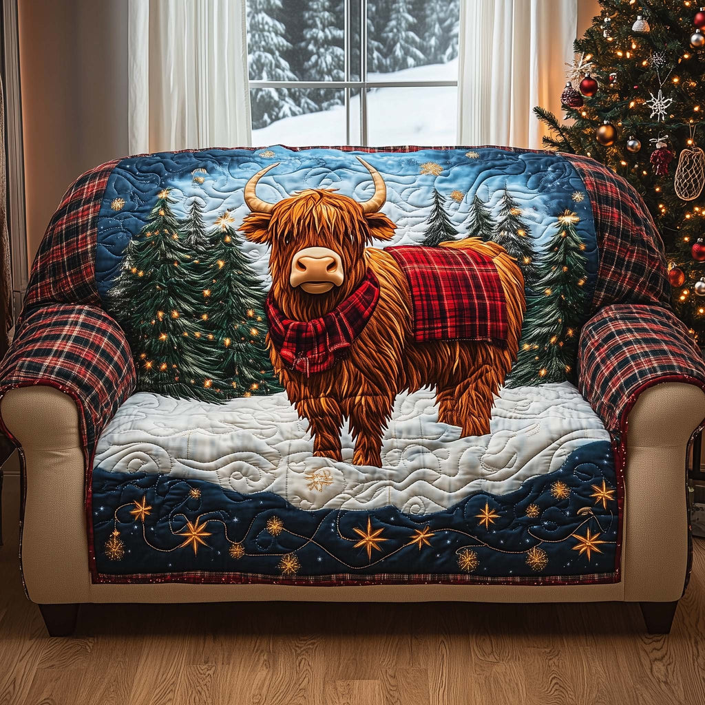 Highland Cow in a Plaid Scarf Sofa Cover