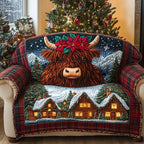 Highland Cow with Poinsettia Over the Night Village Sofa Cover