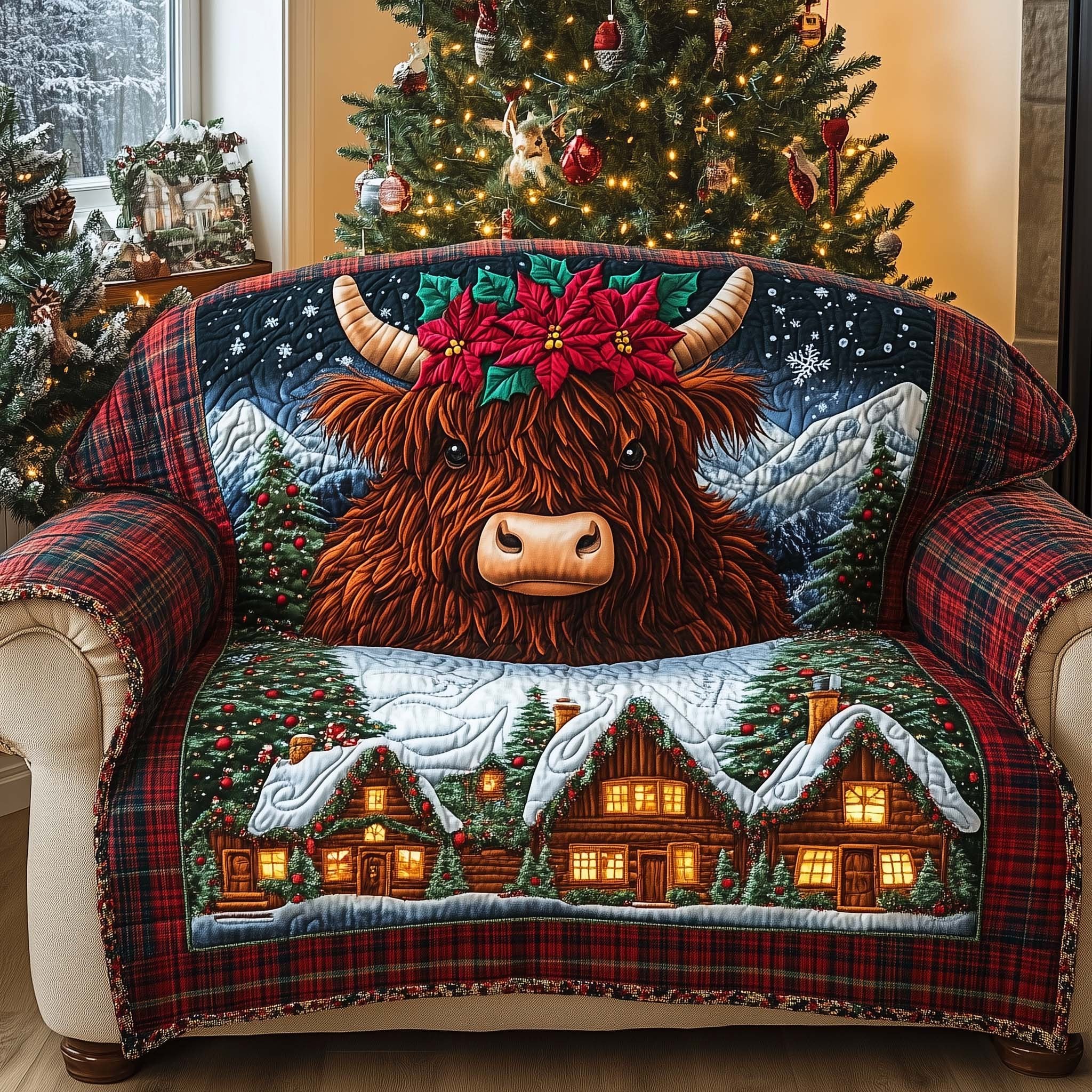 Highland Cow with Poinsettia Over the Night Village Sofa Cover