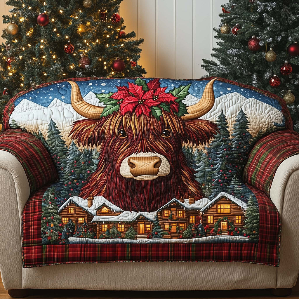 Highland Cow with Poinsettia on Red Plaid Sofa Cover