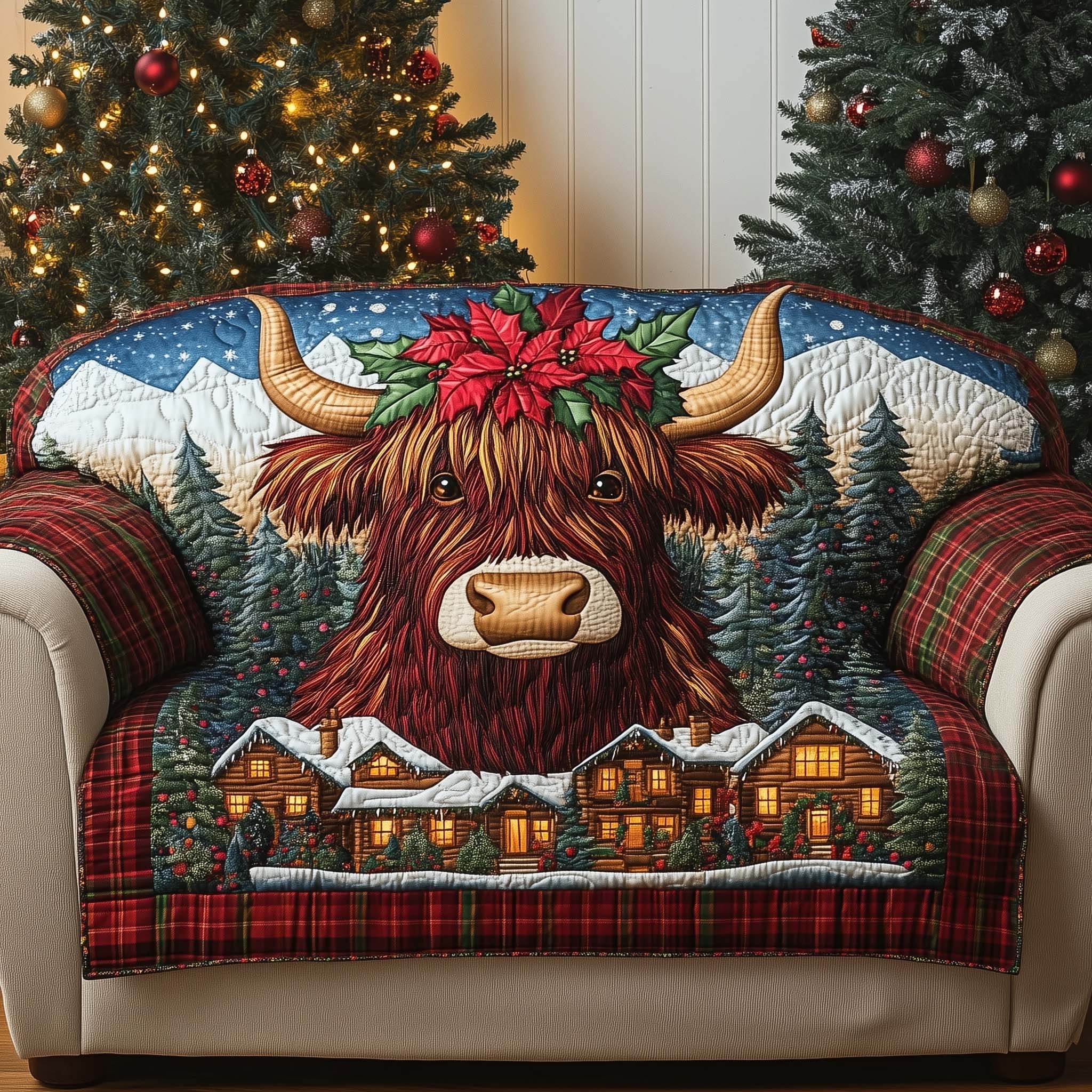 Highland Cow with Poinsettia on Red Plaid Sofa Cover