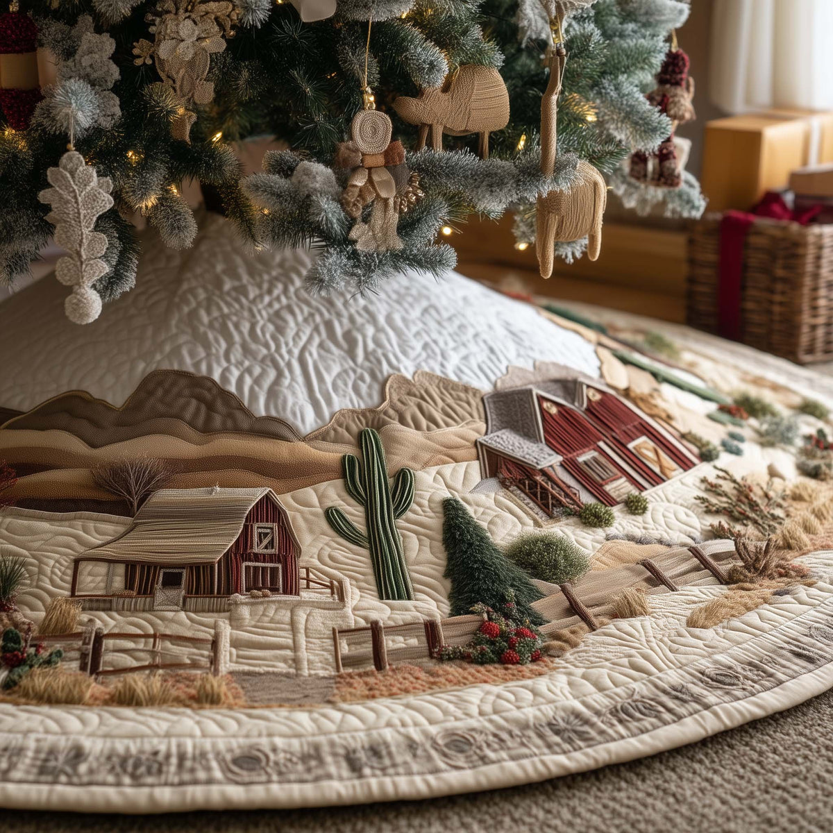 Desert Barn with Cactus in Cream Christmas Tree Skirt