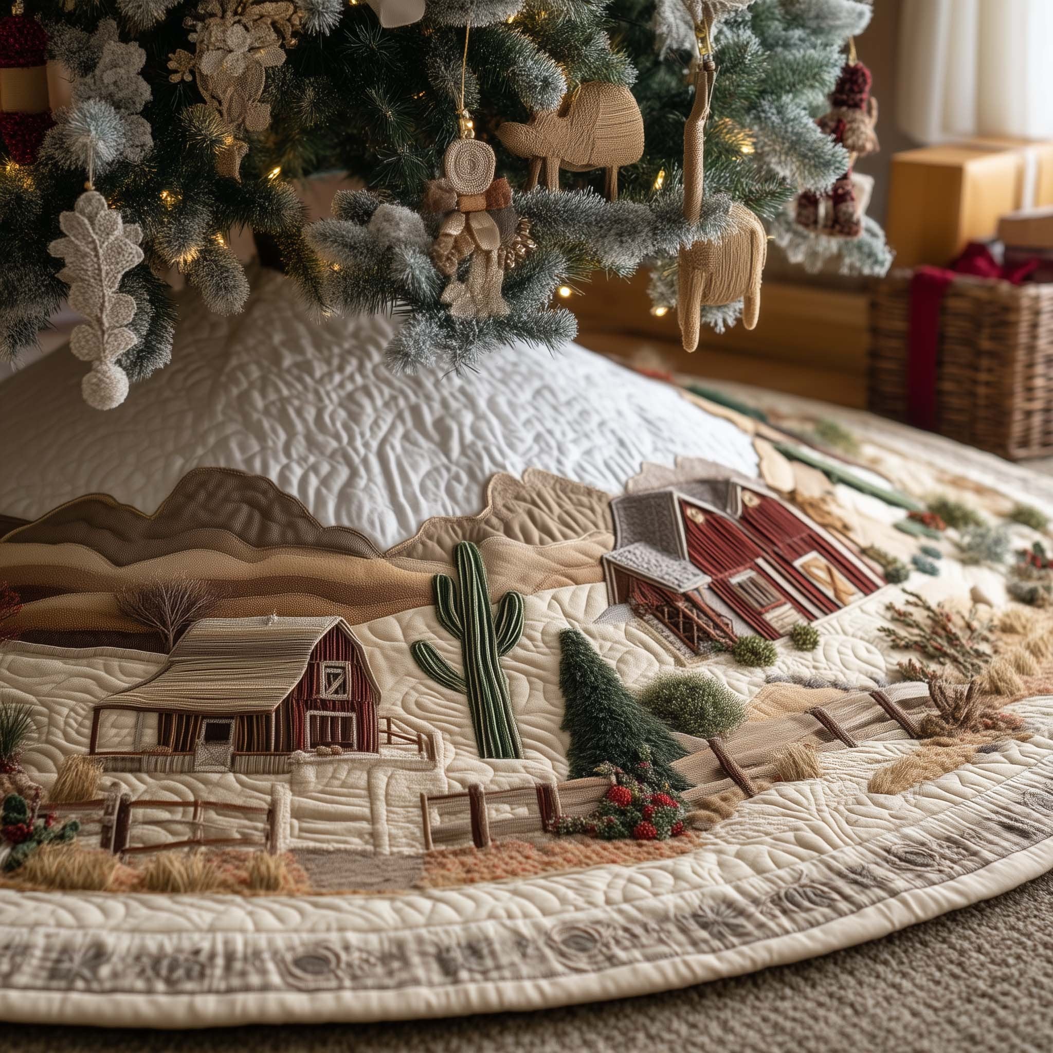 Desert Barn with Cactus in Cream Christmas Tree Skirt