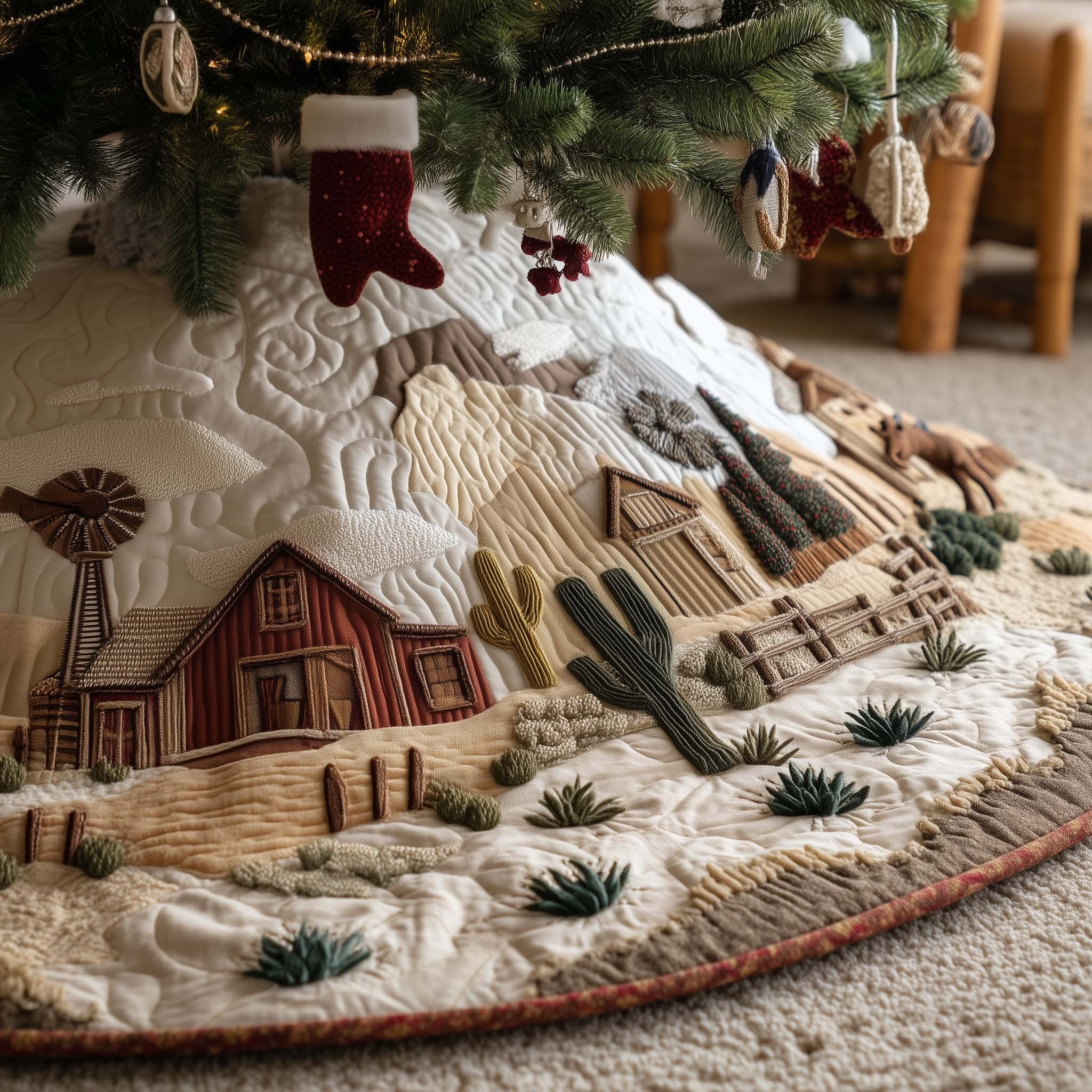 Red Barn Among the Desert Cactus Christmas Tree Skirt