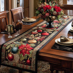 Ornaments and Poinsettia on Cream Table Runner