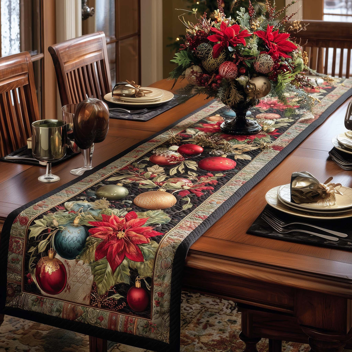 Ornaments and Poinsettia on Cream Table Runner
