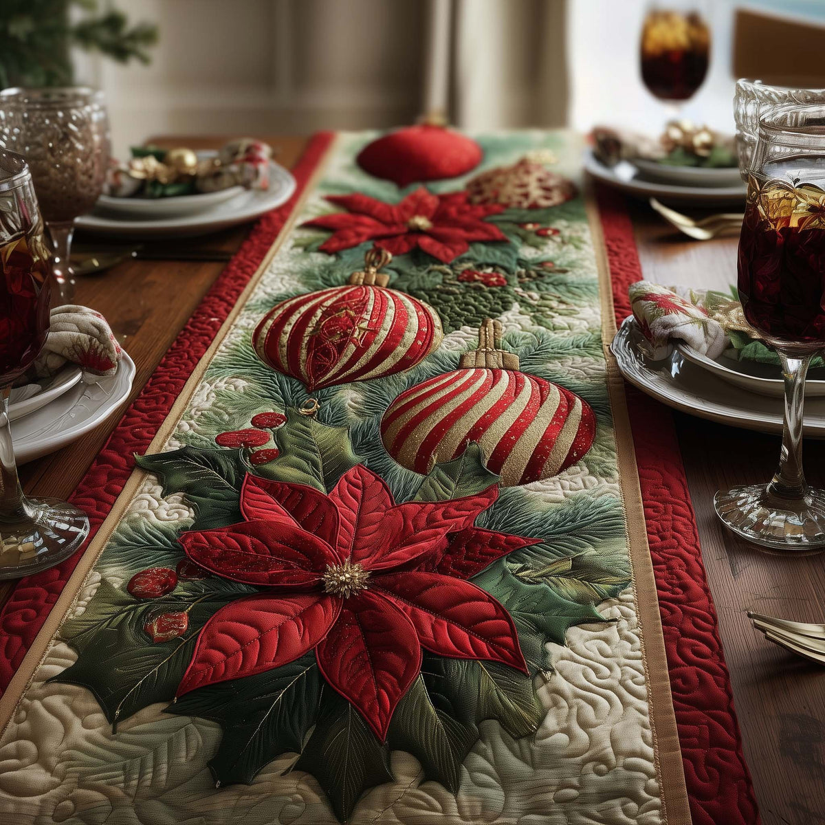 Striped Ornaments and Red Poinsettias Table Runner
