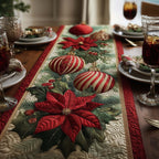 Striped Ornaments and Red Poinsettias Table Runner