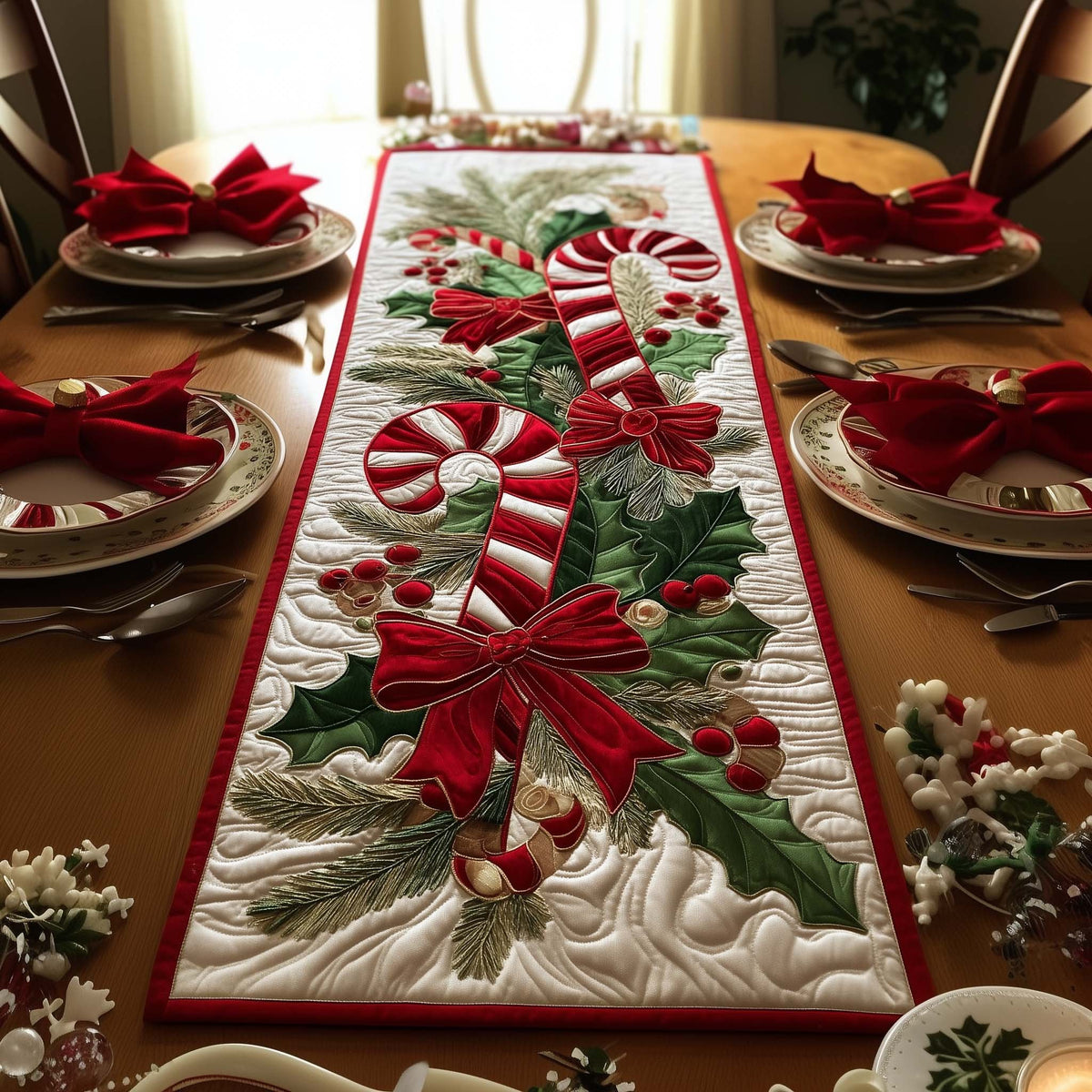 Candy Cane with Red Bow Table Runner
