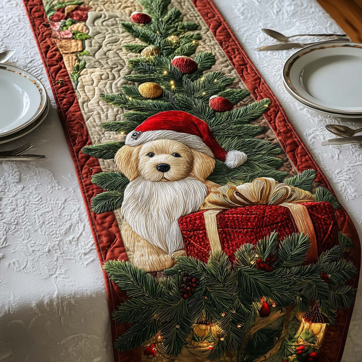 Puppy in Santa Hat with Present Table Runner