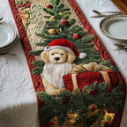 Puppy in Santa Hat with Present Table Runner