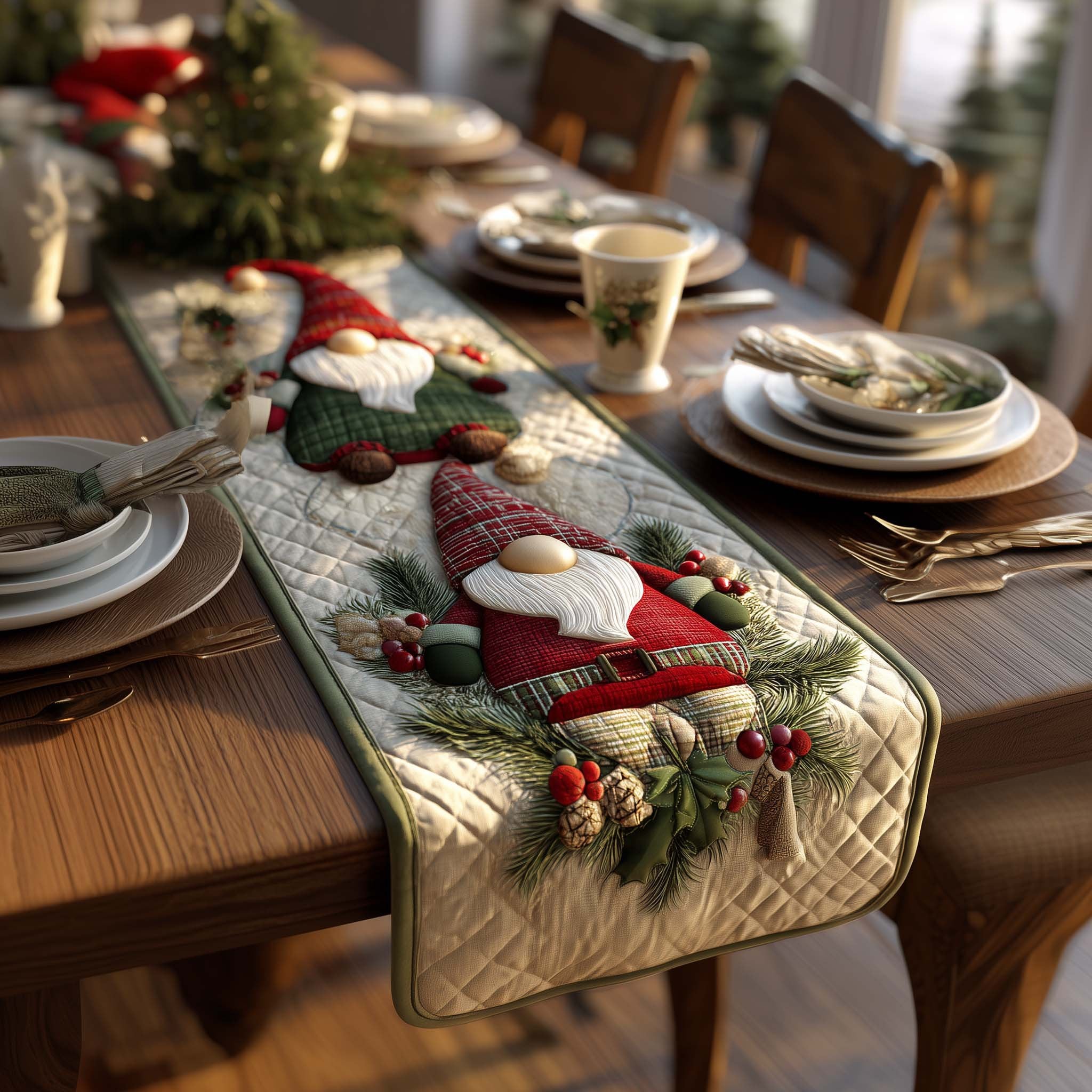 Gnome with Holly on Cream Table Runner