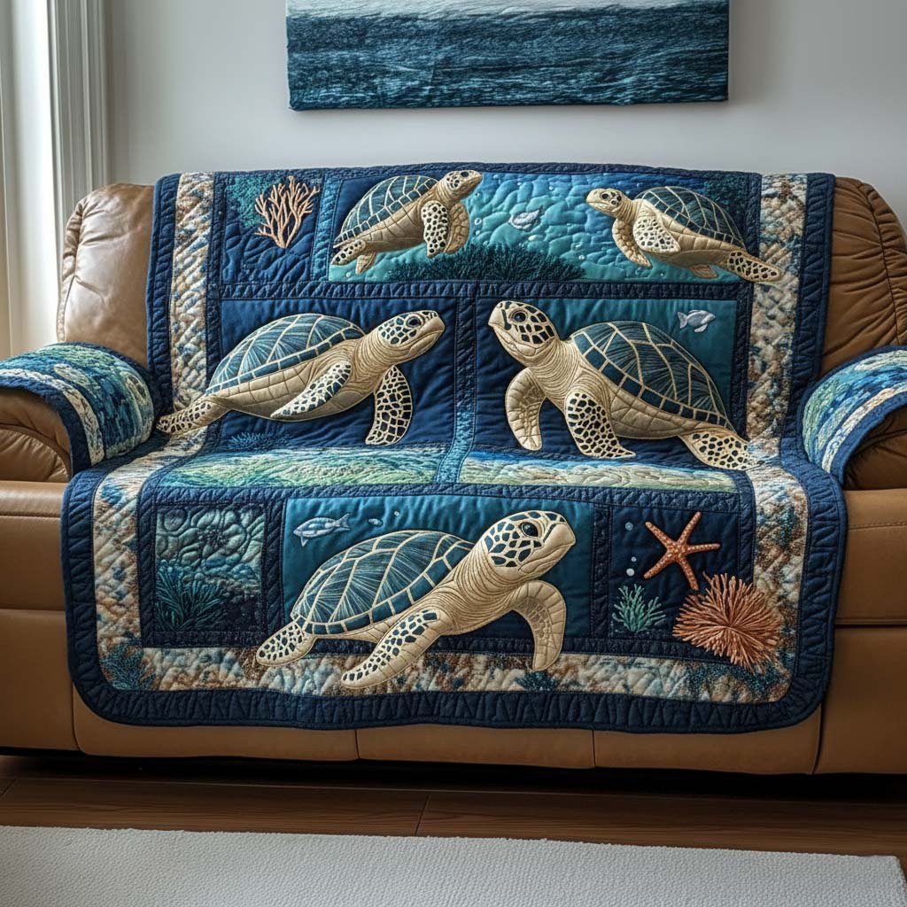 Sea Turtles and Starfish on Navy Blocks Sofa Cover