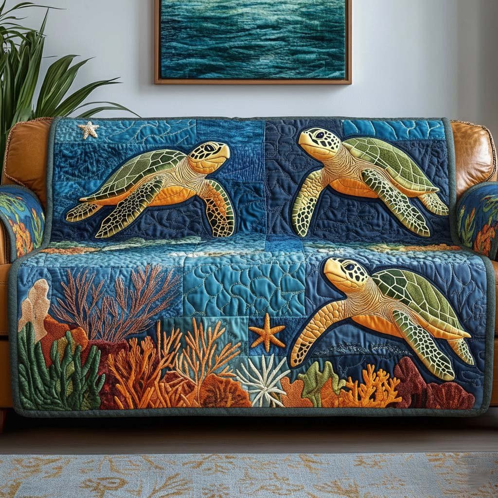 Turtles Above the Coral Reef Stripes Sofa Cover