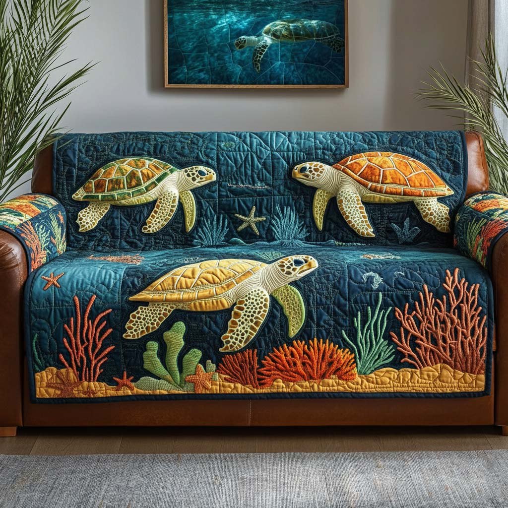 Turtles Over the Orange Coral Garden Sofa Cover