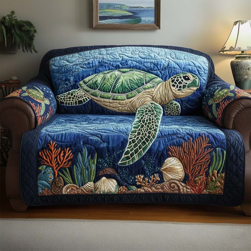 Green Turtle Over the Red Coral Sofa Cover