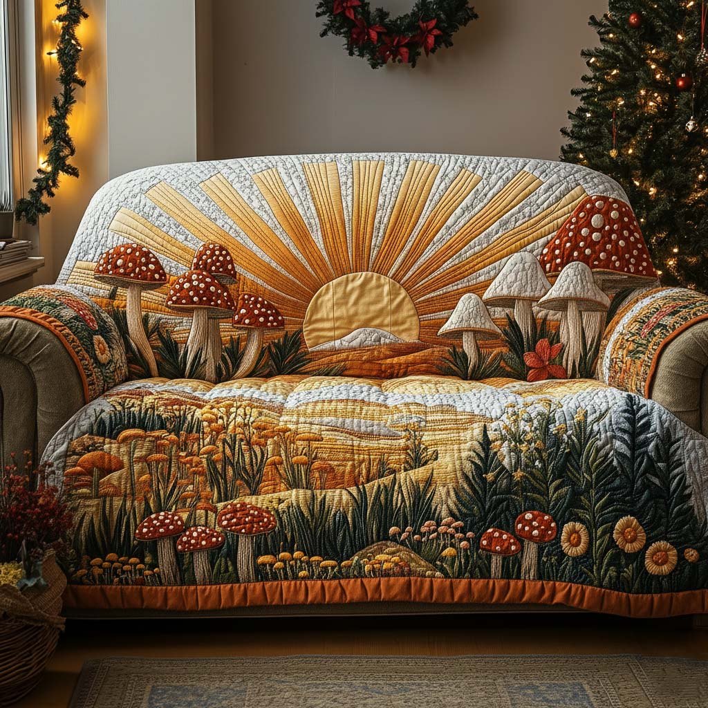 Red Toadstools at Sunrise Over the Meadow Sofa Cover