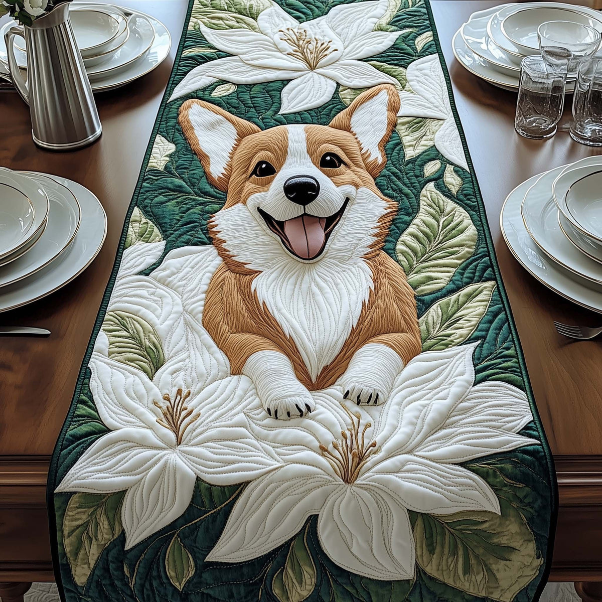 Corgi with White Magnolia Blooms Table Runner