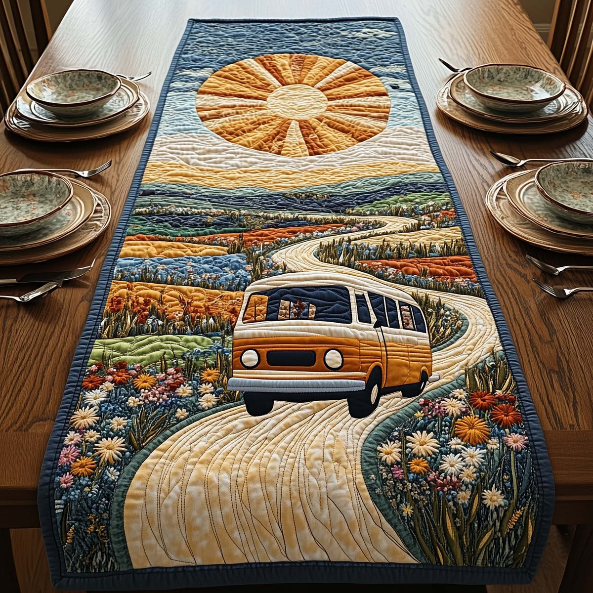 Camper Van on Winding Country Road Table Runner