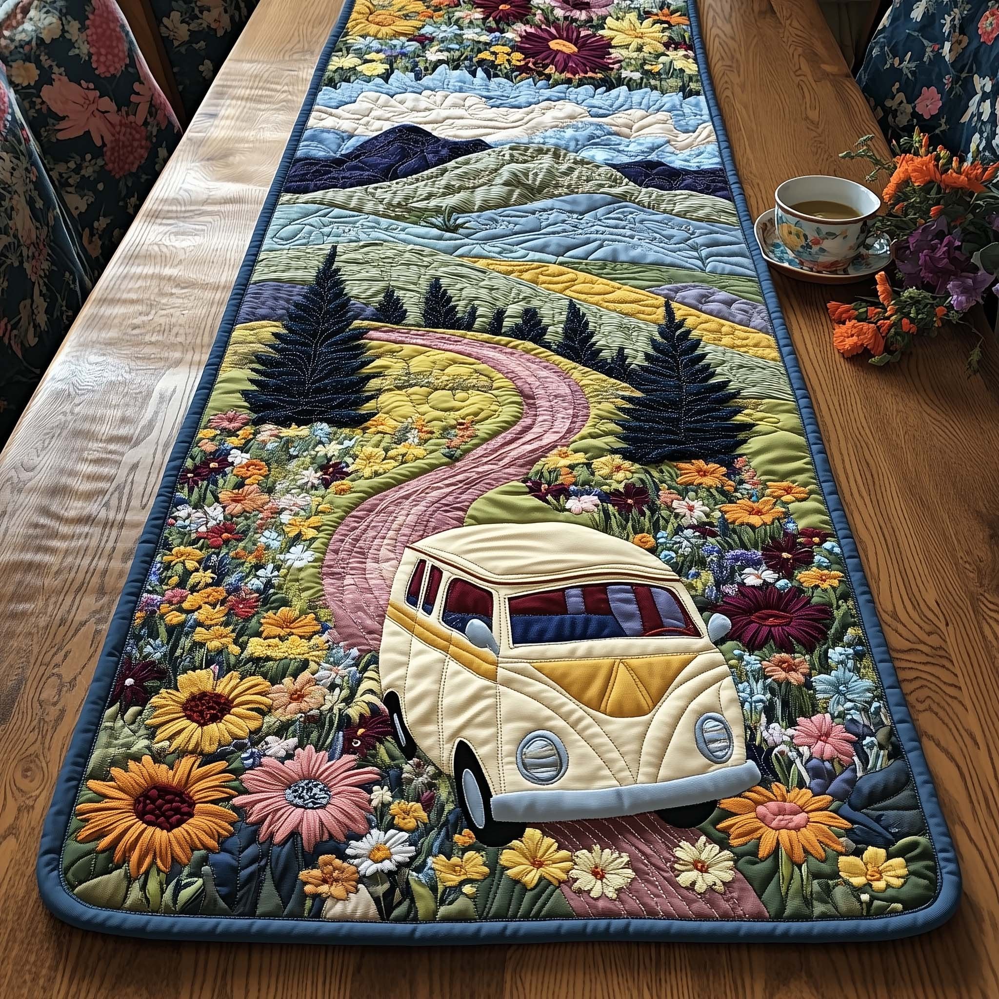 Camper Van on Pink Flower Path Table Runner