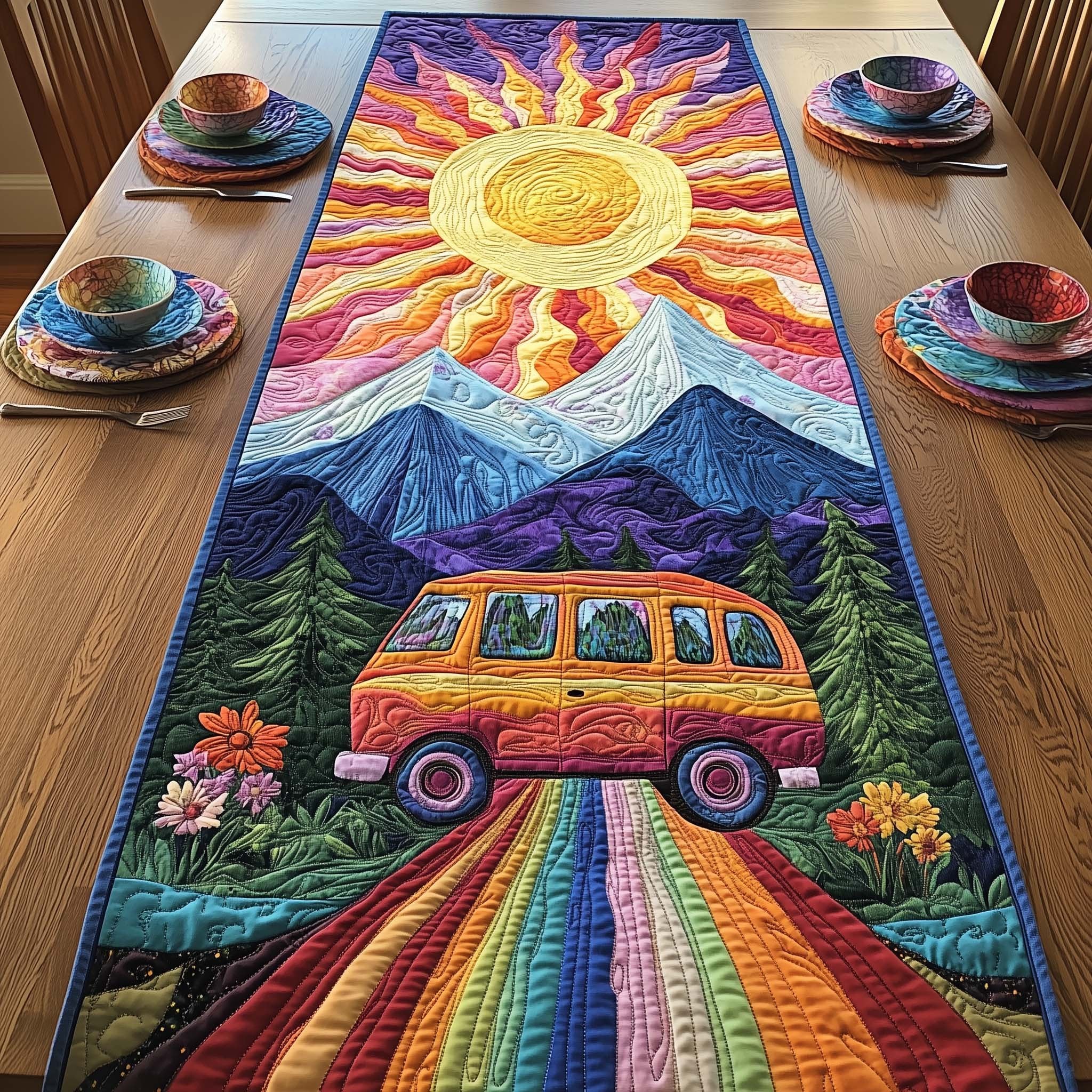 Van on Rainbow Road to Mountains Table Runner