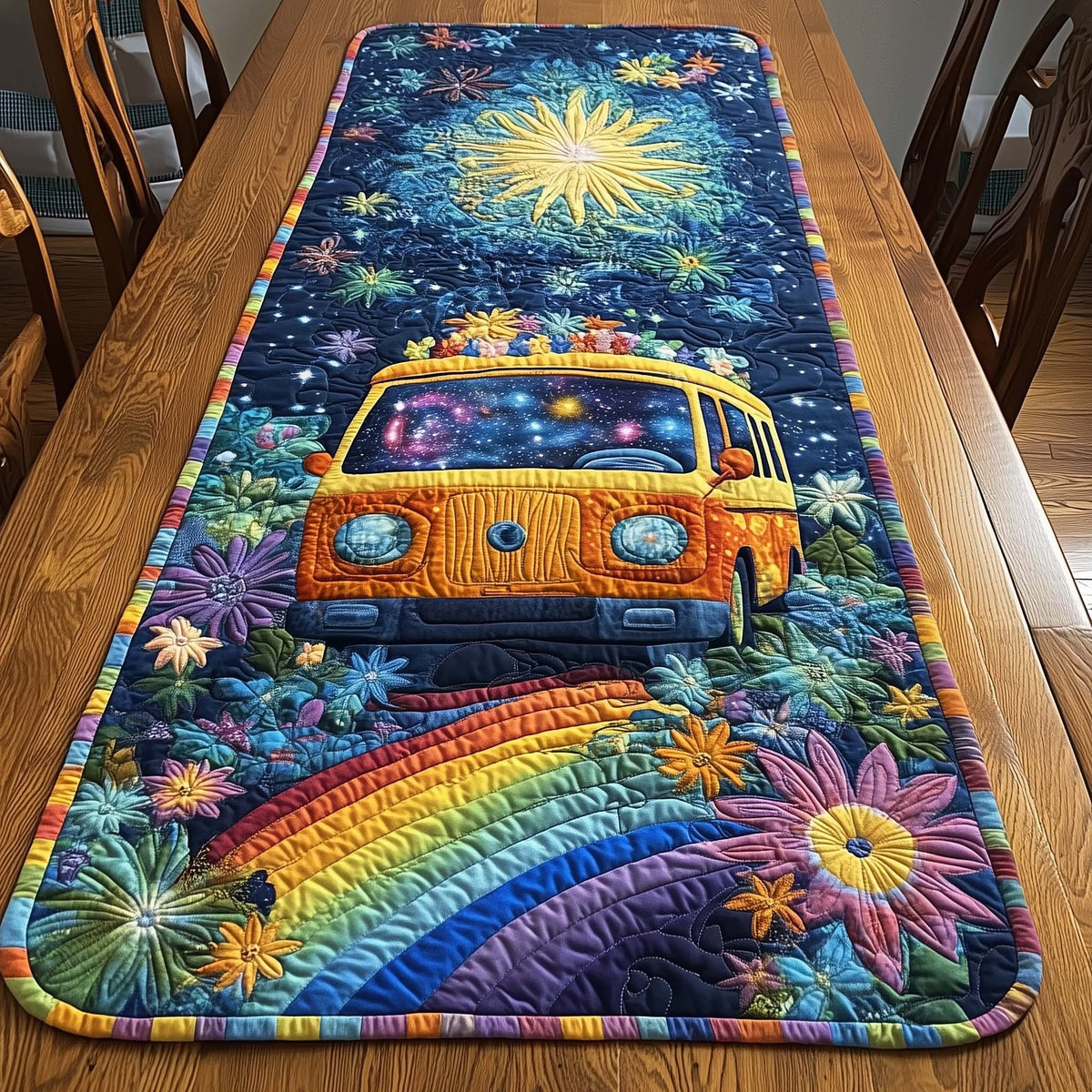 Van on Rainbow Under Starry Sky Table Runner