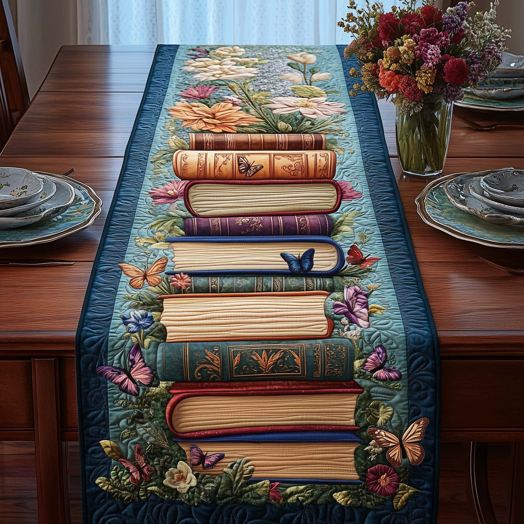 Stacked Books with Butterflies Table Runner