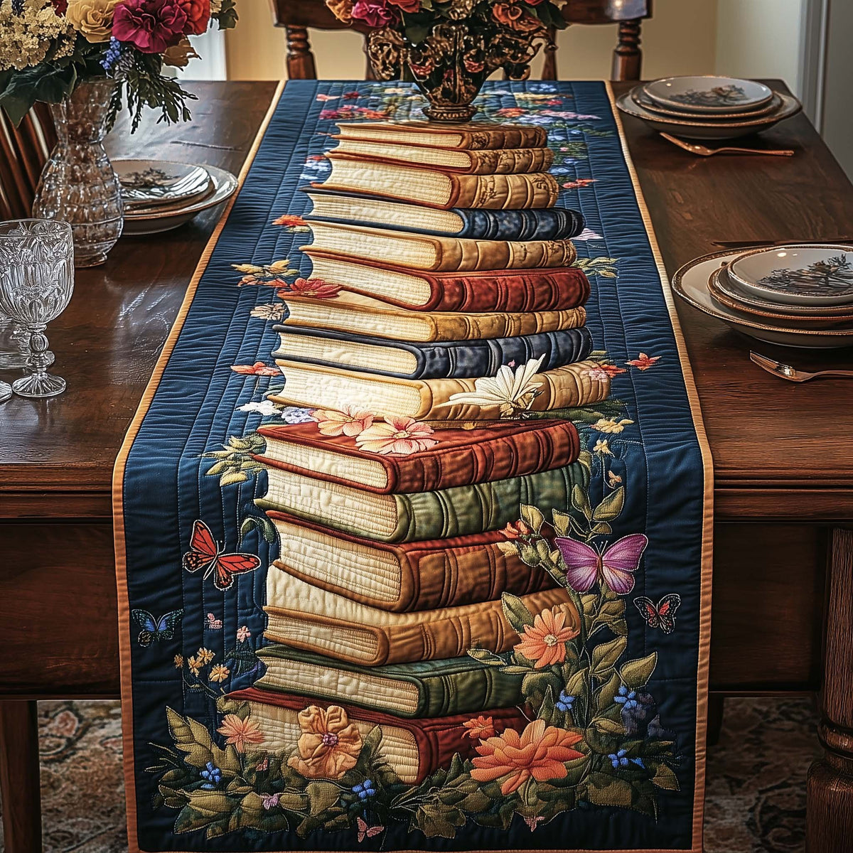 Book Tower with Autumn Flowers Table Runner