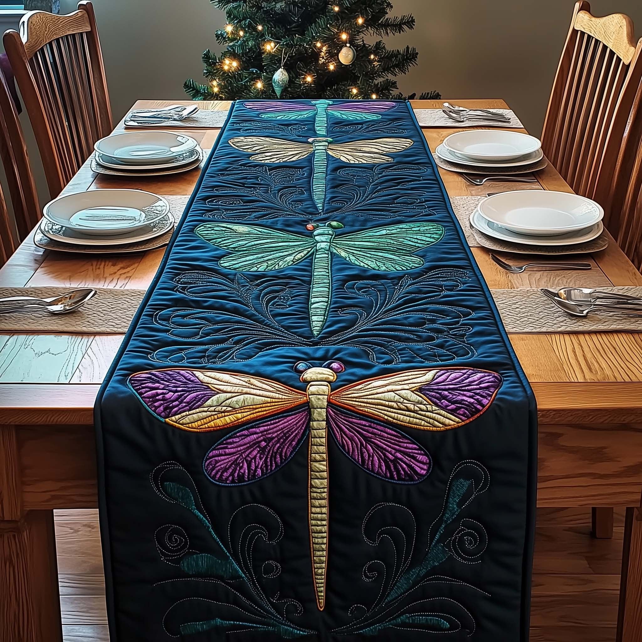 Dragonflies on Dark Teal Panel Table Runner