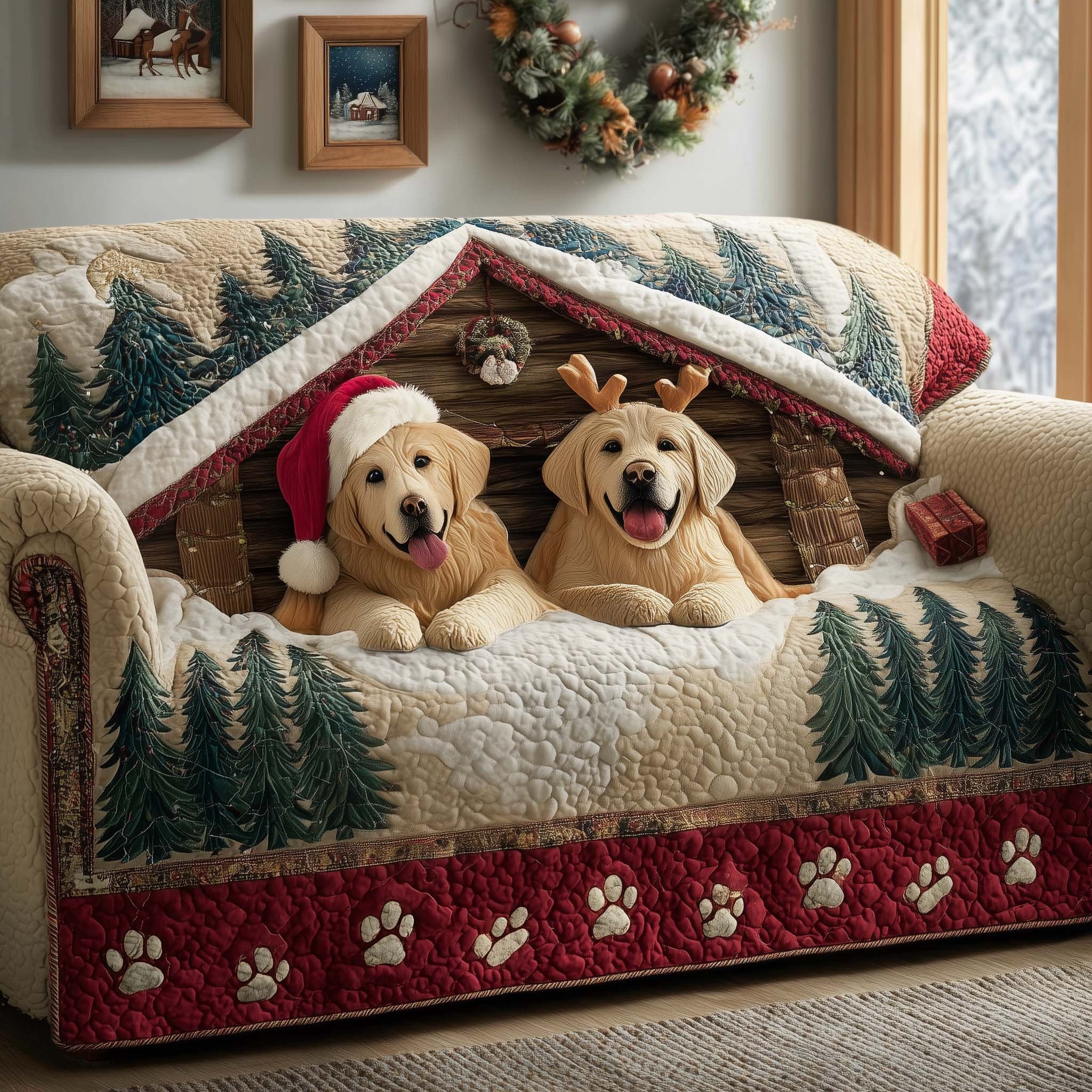 Golden Retrievers in the Holiday Doghouse Sofa Cover