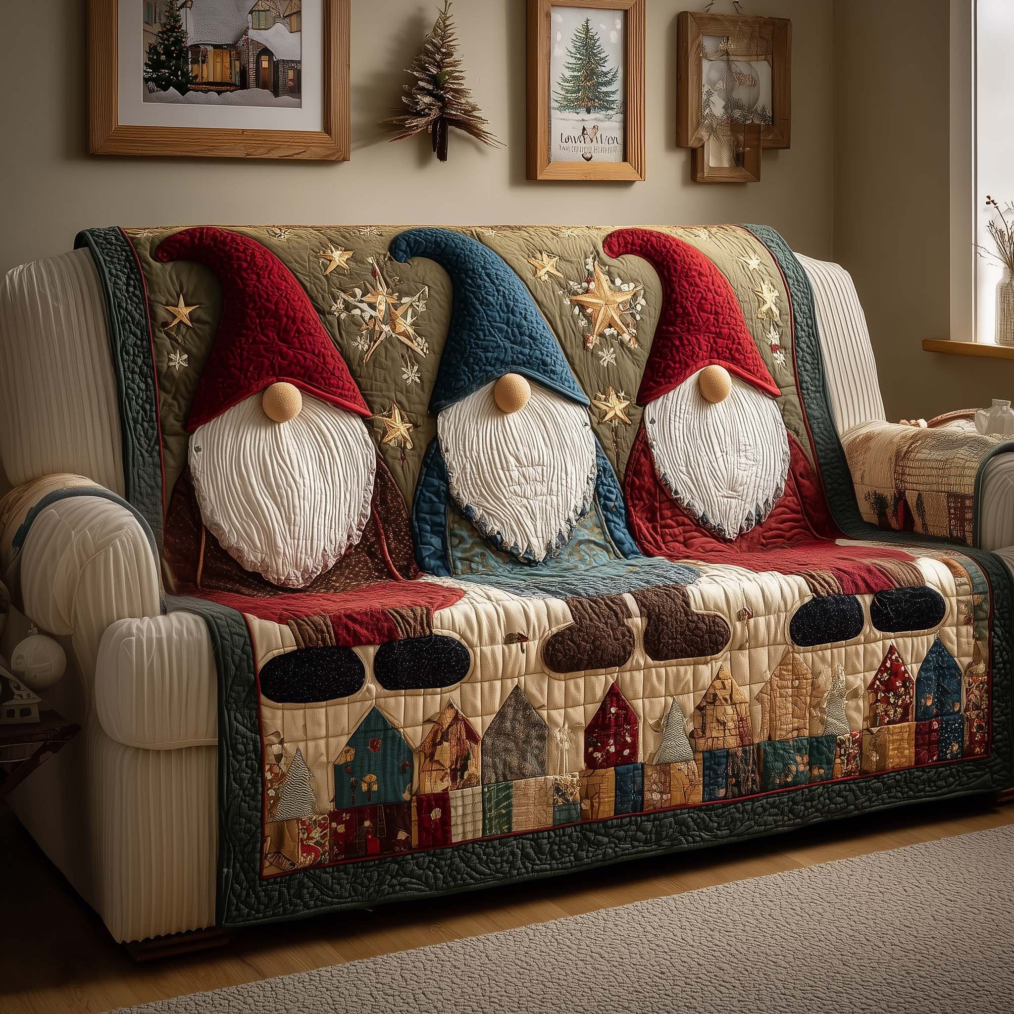 Gnomes Above the Little House Border Sofa Cover